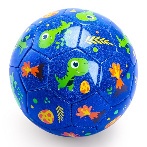 INPODAK Soccer Ball for Toddler, Size 2 Cartoon Ball, Baby Soccer Ball, Dinosaur Soccerball for Kids with Pump (Glitter Blue, Size 2)