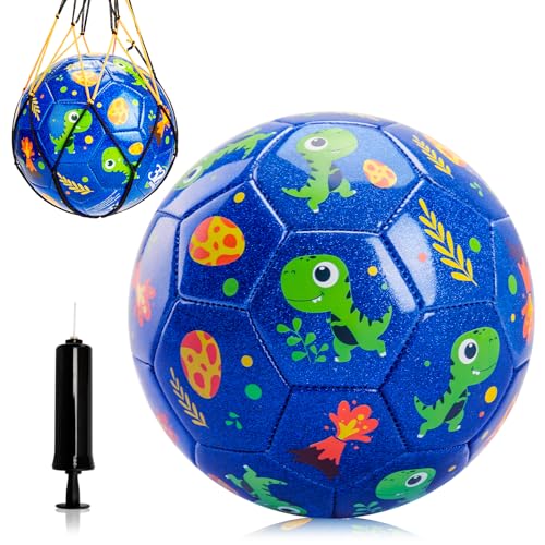 U&C Planet Toddler soccer ball Size 2 Kids, Upgraded Small Ball for Toddler 2 3 4 5 6 Indoor Outdoor Ball Games with 1 Pump, 1 Bag and 1 Colorful Box (blue dinosaur, Size 2)