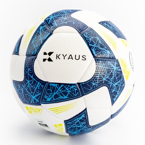 Kyaus Futsal Ball - White & Blue Indoor Soccer Ball Size 4, FIFA Certified, Official Match Weight, Low Bounce, Air Retention, Durable PU, Hand Pump Included, Suitable for Youth & Adult.