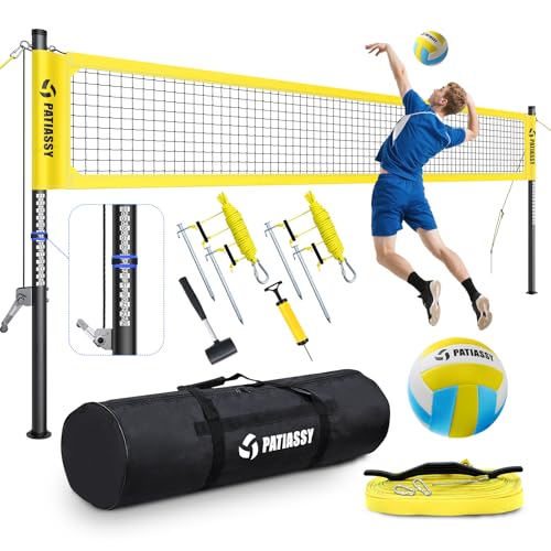 Patiassy Portable Professional Outdoor Volleyball Net Set with Winch System, Adjustable Height Aluminum Poles, Volleyball with Pump and Carrying Bag for Backyard Beach