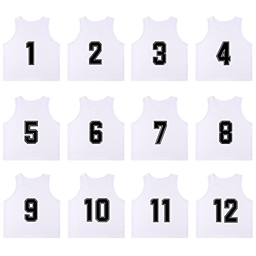 RE-HUO 12 Pack Numbered（1-12） Scrimmage Vests/Sport Pinnies/Training Bibs for Basketball,Soccer, Volleyball and Baseball(white1-12,L)