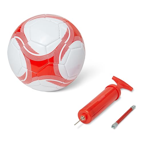 Amazon Basics Durable PVC Soccer Ball with Pump for Training and Practice, Indoor Outdoor Use, White and Red, Size 4