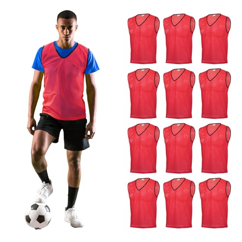 GSi Training Pinnies for Soccer, Basketball, Football (Pack of 12) Mesh Scrimmage Vests for Youth & Adults - Breathable Practice Jerseys - Large Sports Bibs for Teams - 5 Colors Options (Red)