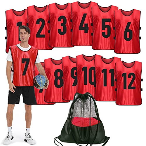 PULUOMASI Scrimmage Training Vest (12 Pack) Team Sports Pinnies Jerseys for Adult Youth Soccer Bibs Numbered Practice Jerseys Red XL
